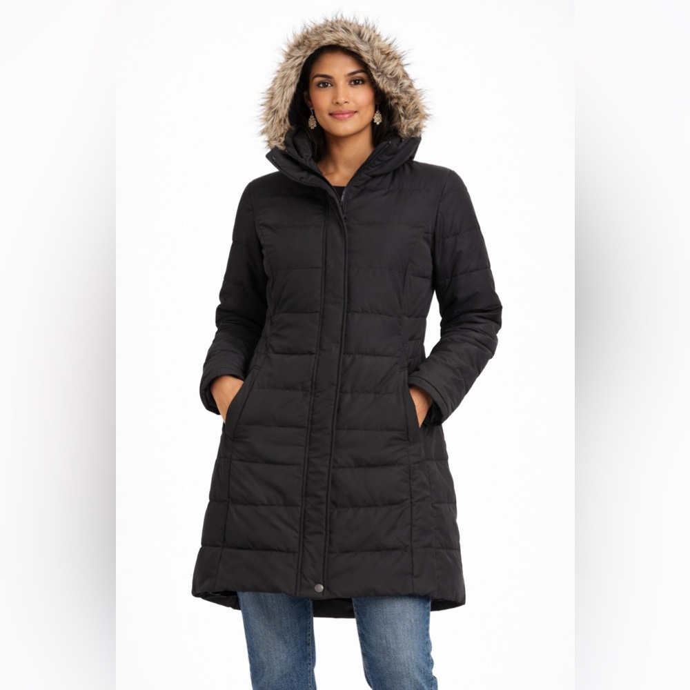 Black Label Quilted Black Puffer Coat with Fur Hood